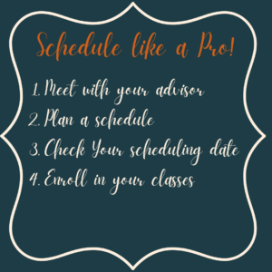 Schedule like a pro. Meet with your advisor plan a schedule. check your scheduling day. Enroll in your classes.