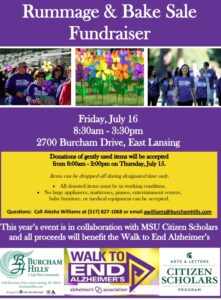 Rummage and bake sale on Friday, July 16 from 8:30 AM to 3:30 PM at 2700 Burcham Drive, East Lansing.
