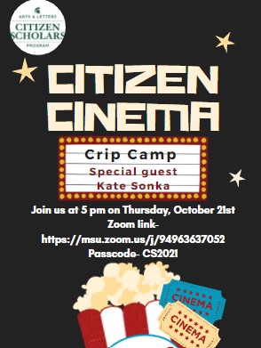 Crip Camp with Kate Sonka at 5 PM on Thursday October 21st