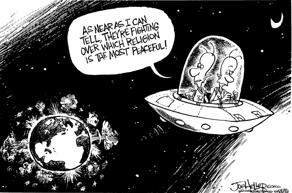 A cartoon with two aliens, with the Earth exploding behind them. One alien says, "As near as I could tell, they are fighting over which religion is most peaceful."